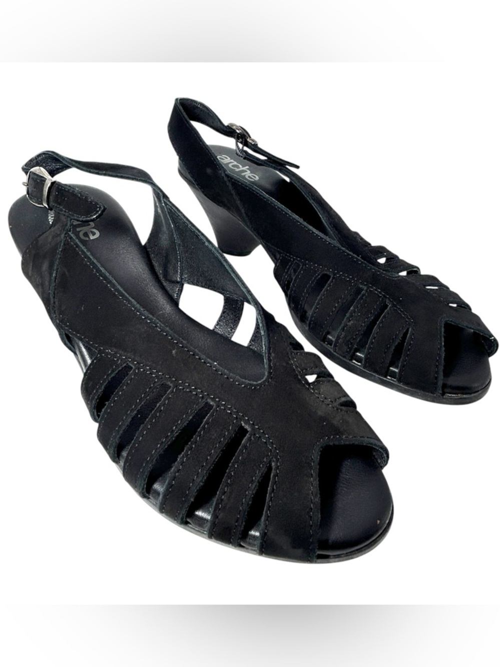 Arche Nubuck Slingback Sandals Black Cutout Peep Toe Comfort Shoes woman Size 37